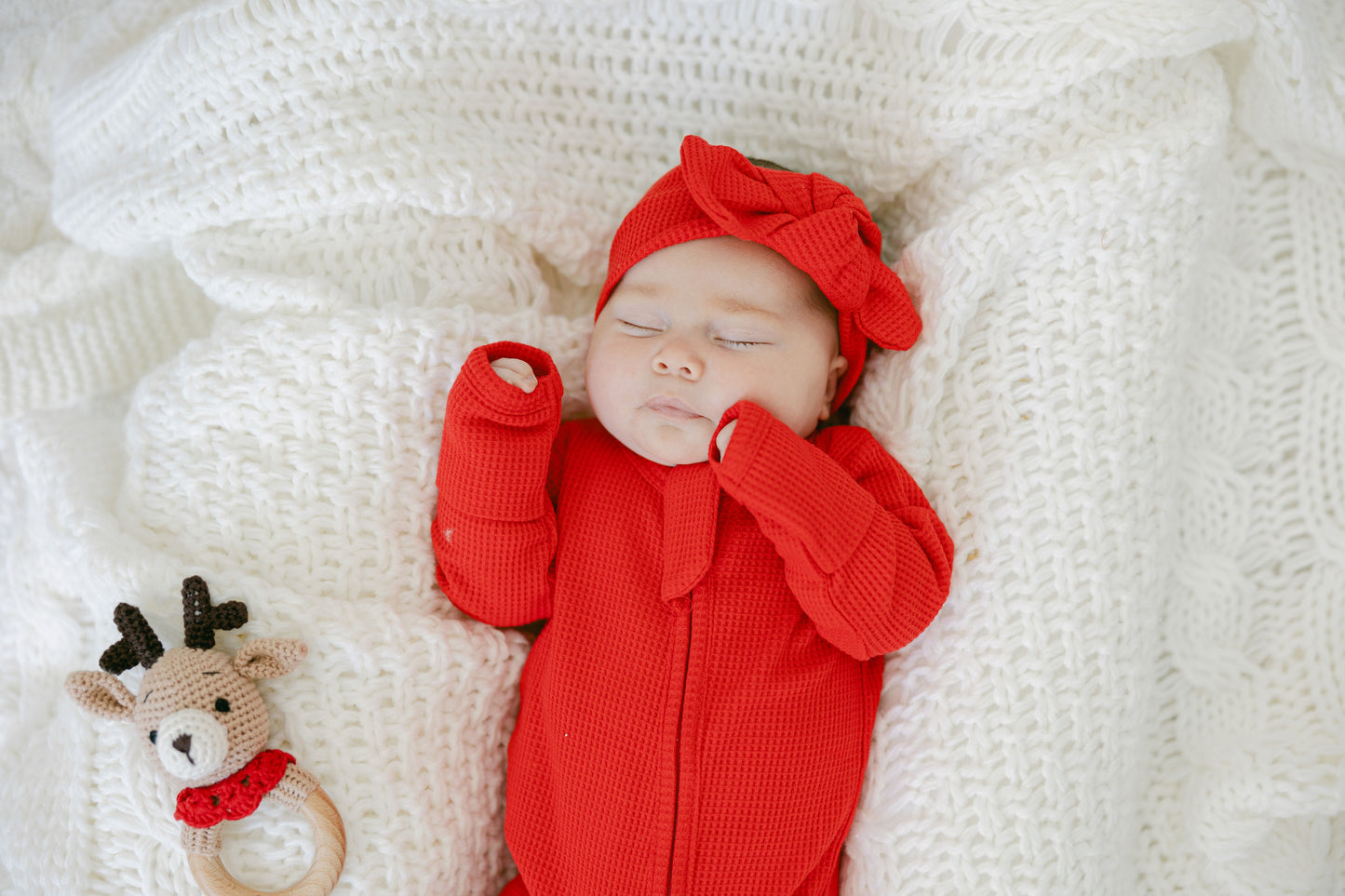 Candy Cane Red Organic Waffle Knit Footie With Bow Or Hat