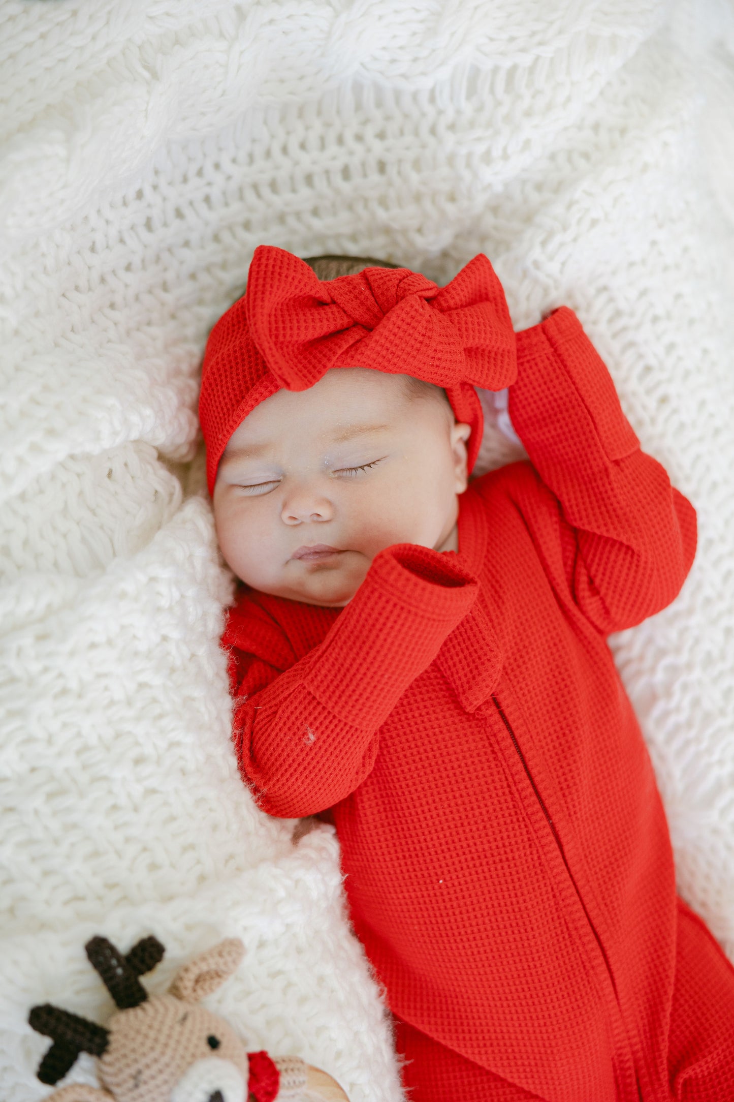 Candy Cane Red Organic Waffle Knit Footie With Bow Or Hat