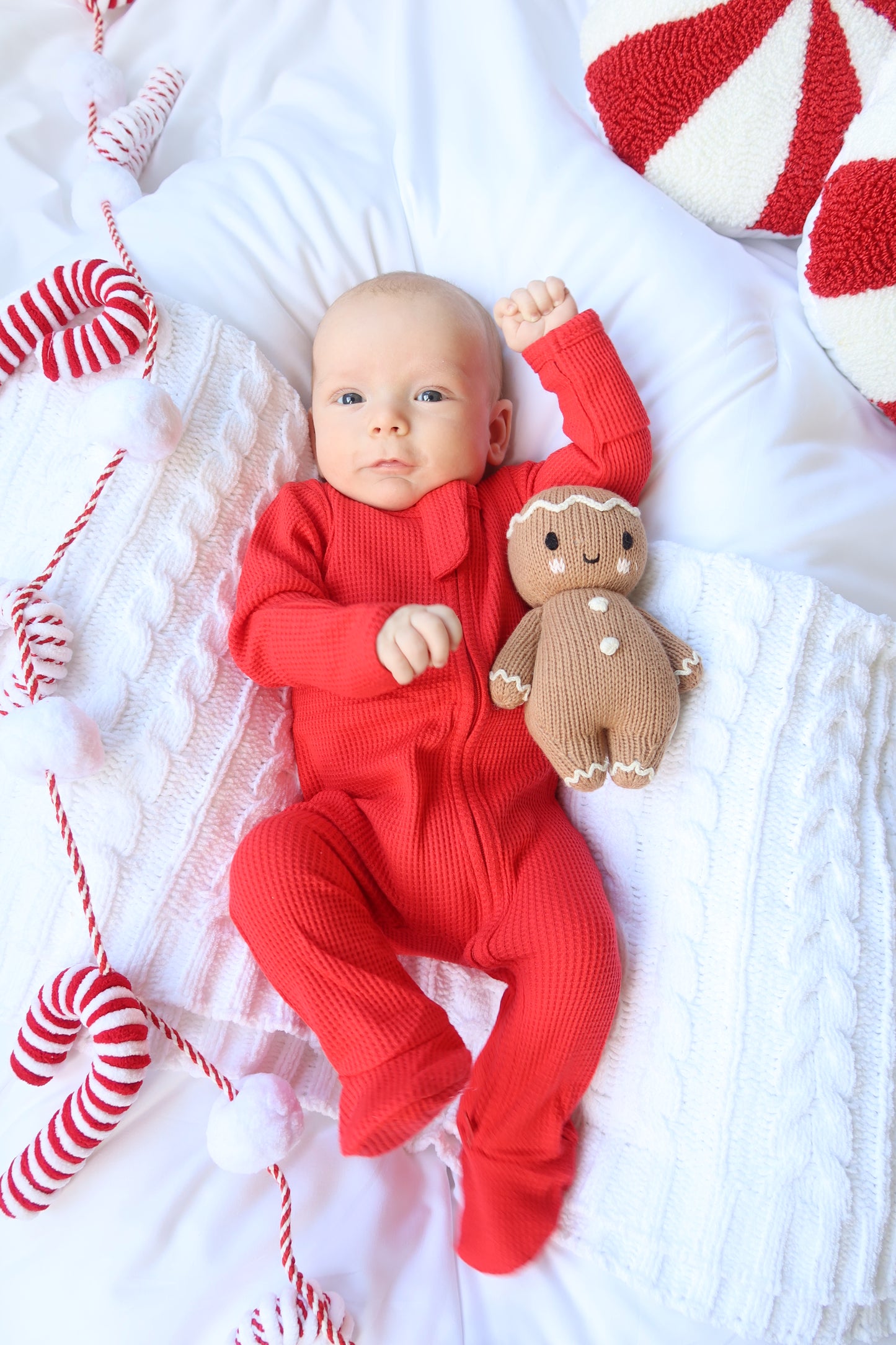 Candy Cane Red Organic Waffle Knit Footie With Bow Or Hat