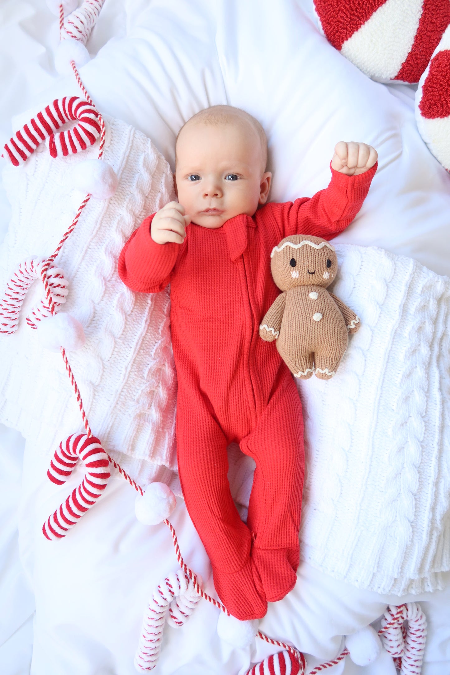 Candy Cane Red Organic Waffle Knit Footie With Bow Or Hat