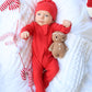 Candy Cane Red Organic Waffle Knit Footie With Bow Or Hat