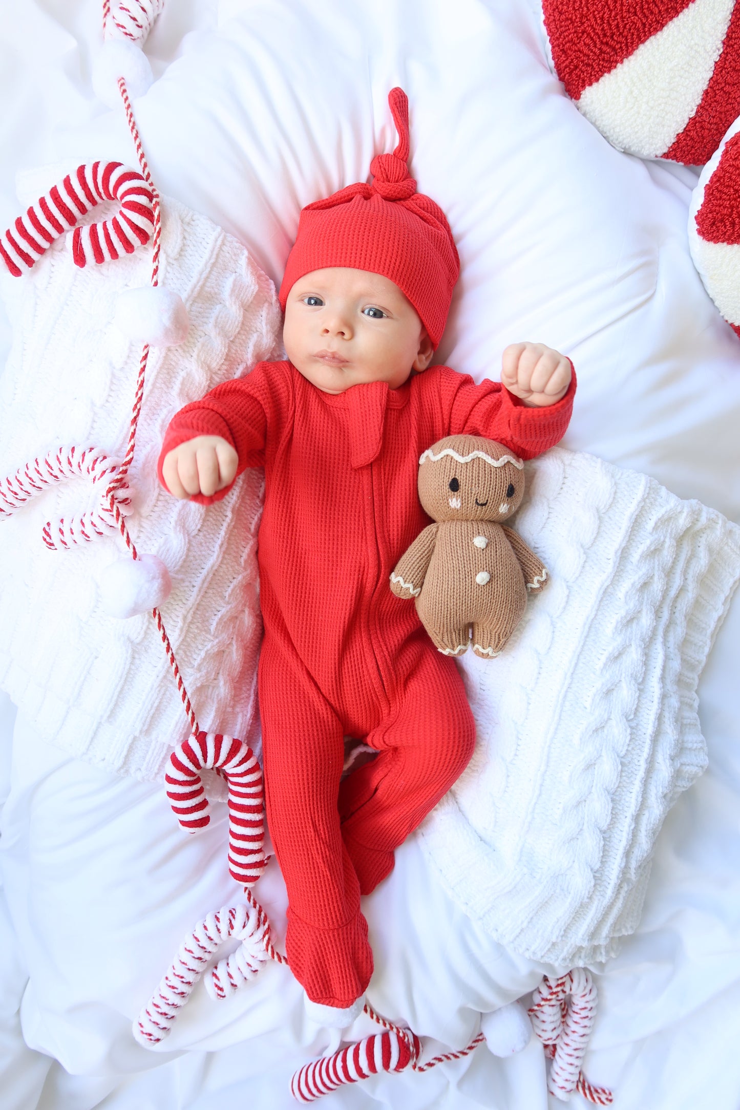 Candy Cane Red Organic Waffle Knit Footie With Bow Or Hat