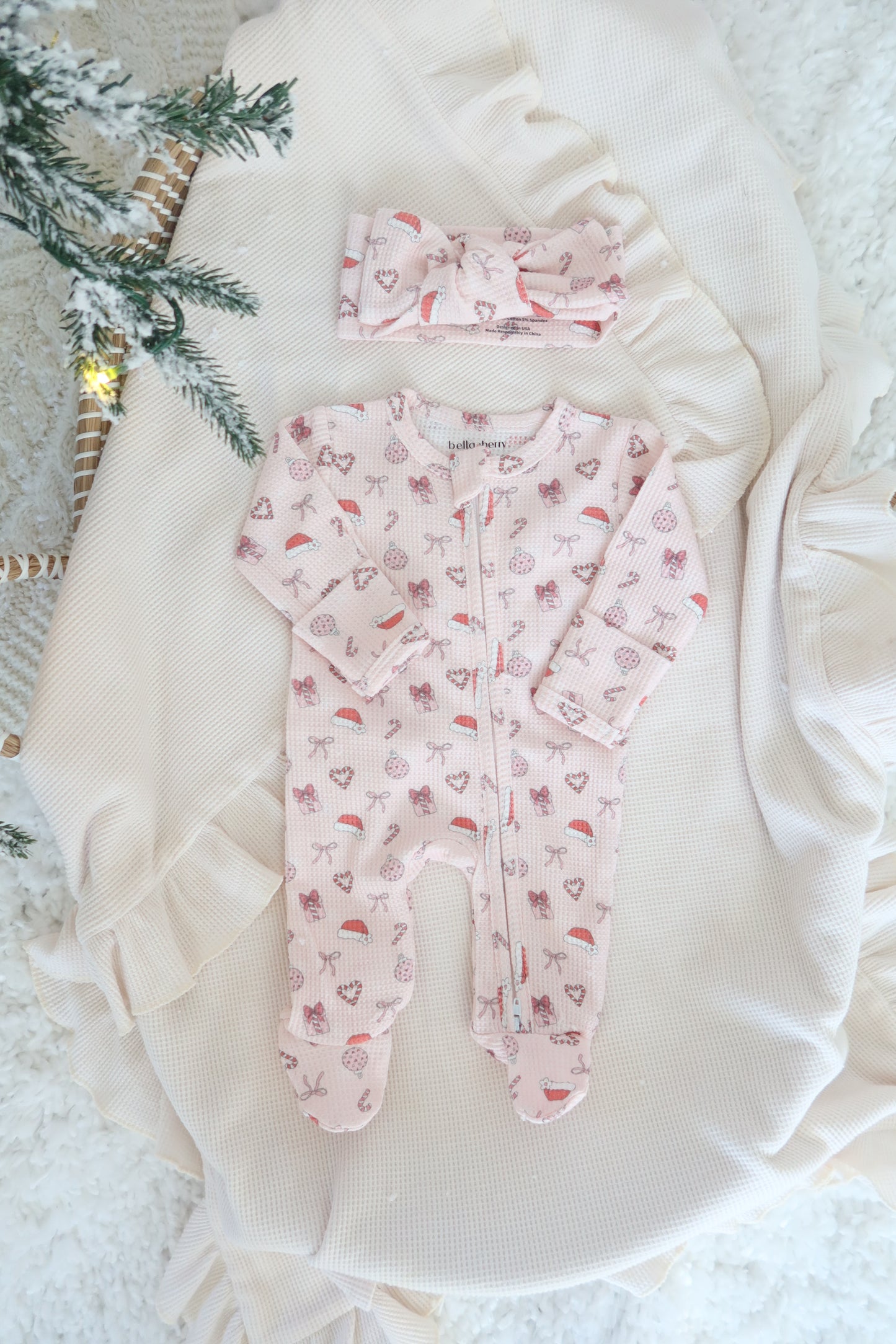 Merry & Pink Organic Waffle Knit Footie With Bow