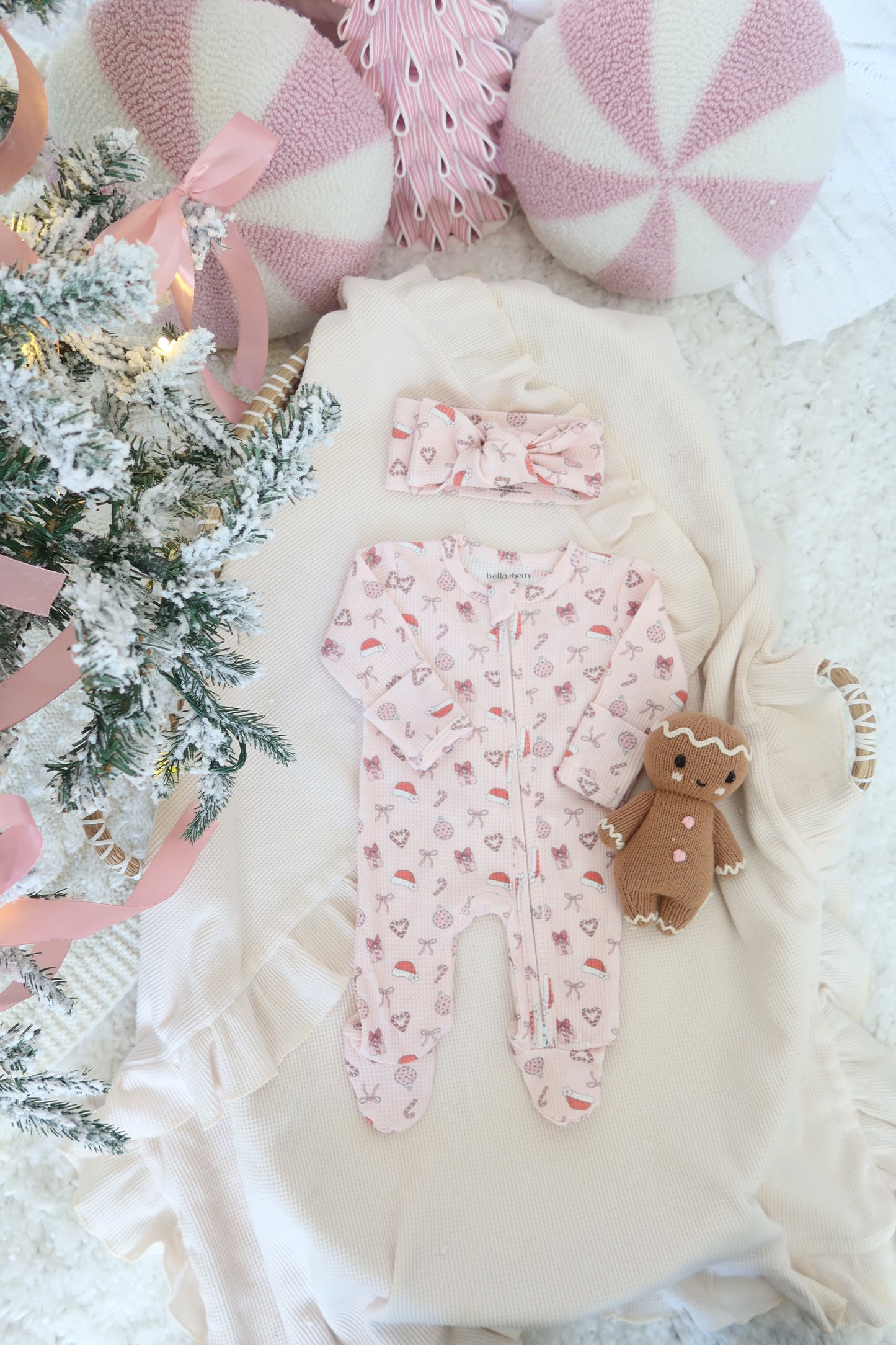 Merry & Pink Organic Waffle Knit Footie With Bow