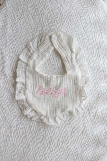 Embroidered Muslin Ruffle Bib