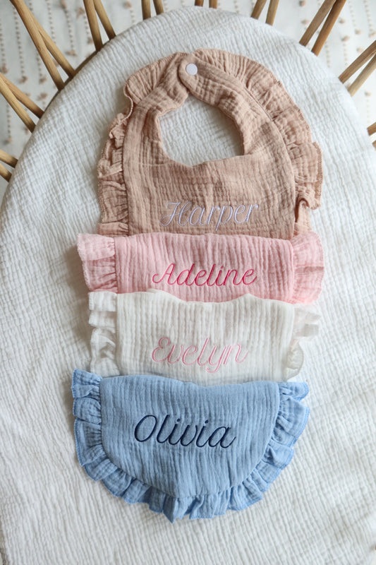 Embroidered Muslin Ruffle Bib