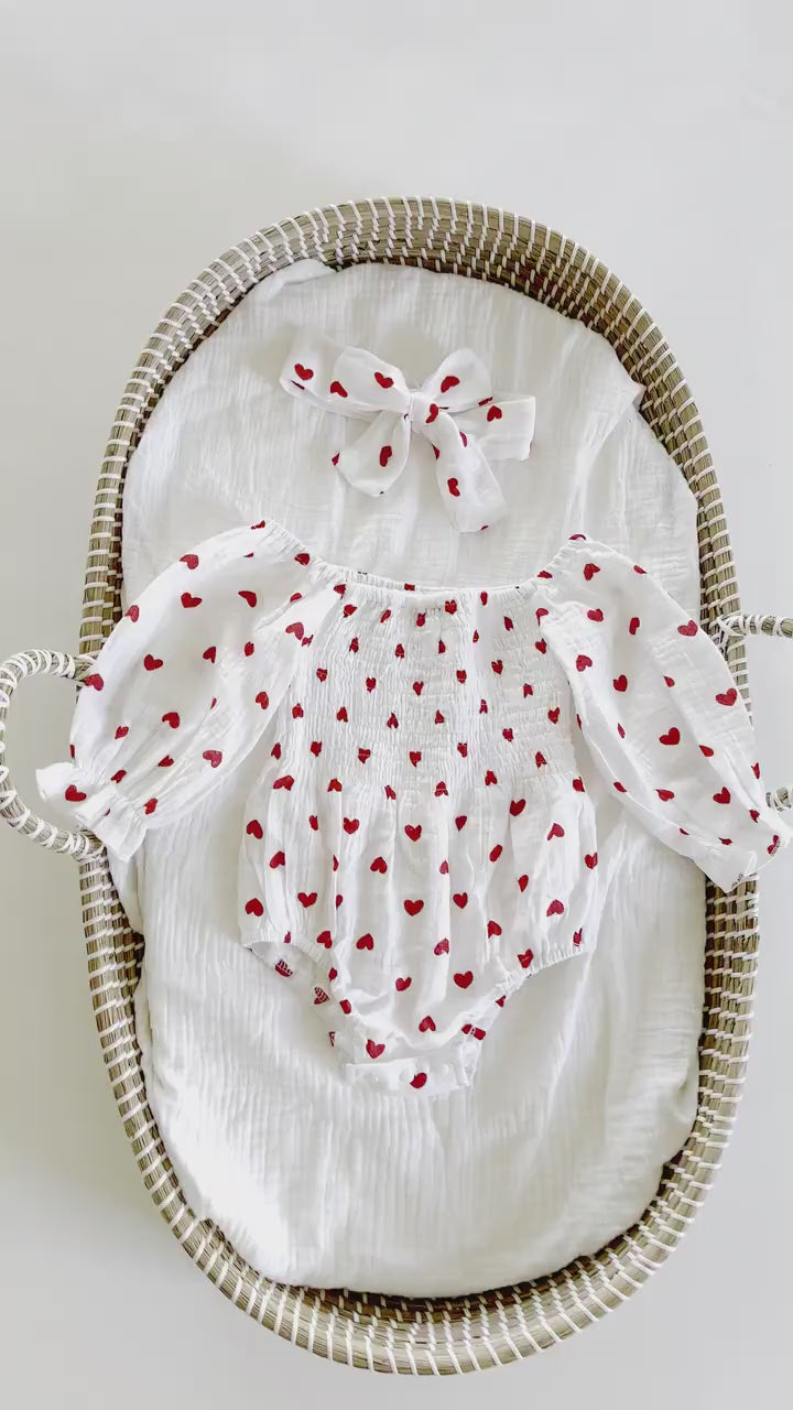 Baby Girl Valentines Day Outfit | Muslin Cotton Baby Girl Romper | Red Heart Baby Girl Romper and Headband | Baby Girl Bodysuit