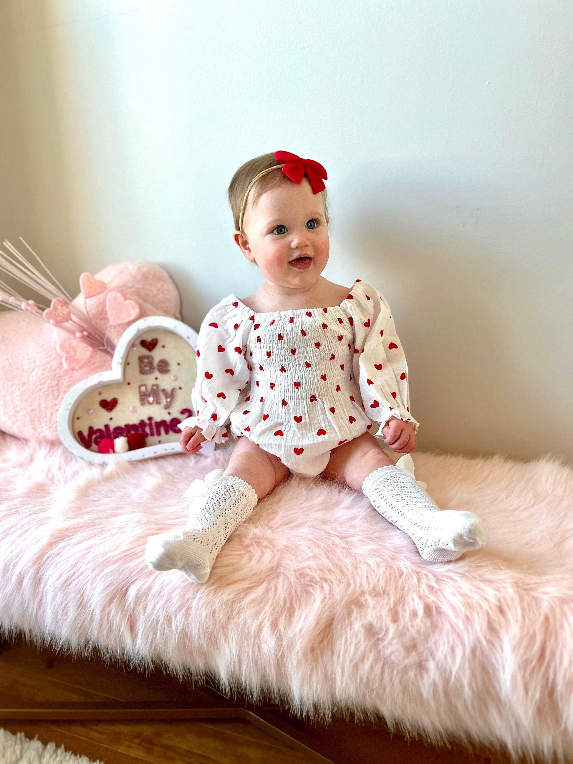 Baby Girl Valentines Day Outfit | Muslin Cotton Baby Girl Romper | Red Heart Baby Girl Romper and Headband | Baby Girl Bodysuit