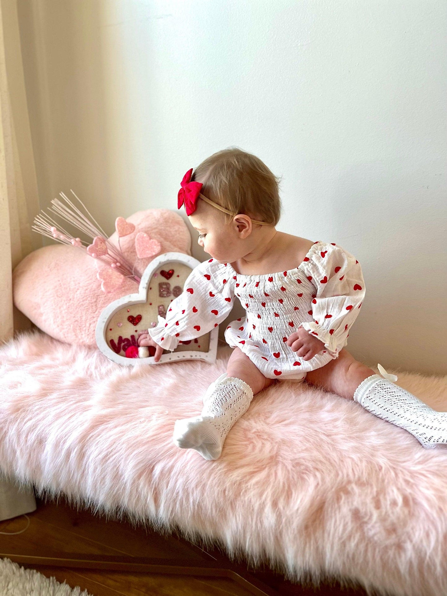 Baby Girl Valentines Day Outfit | Muslin Cotton Baby Girl Romper | Red Heart Baby Girl Romper and Headband | Baby Girl Bodysuit