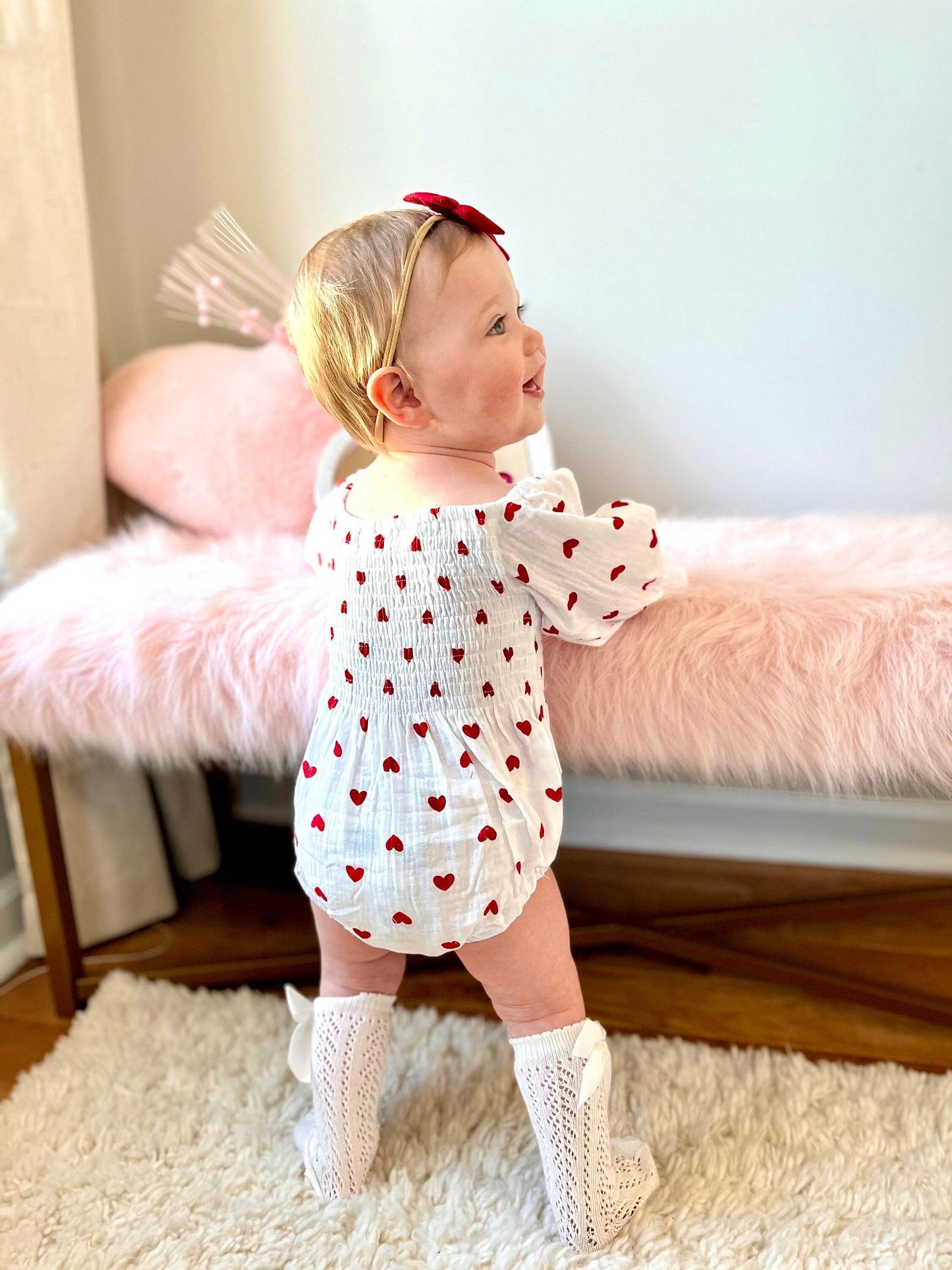 Baby Girl Valentines Day Outfit | Muslin Cotton Baby Girl Romper | Red Heart Baby Girl Romper and Headband | Baby Girl Bodysuit