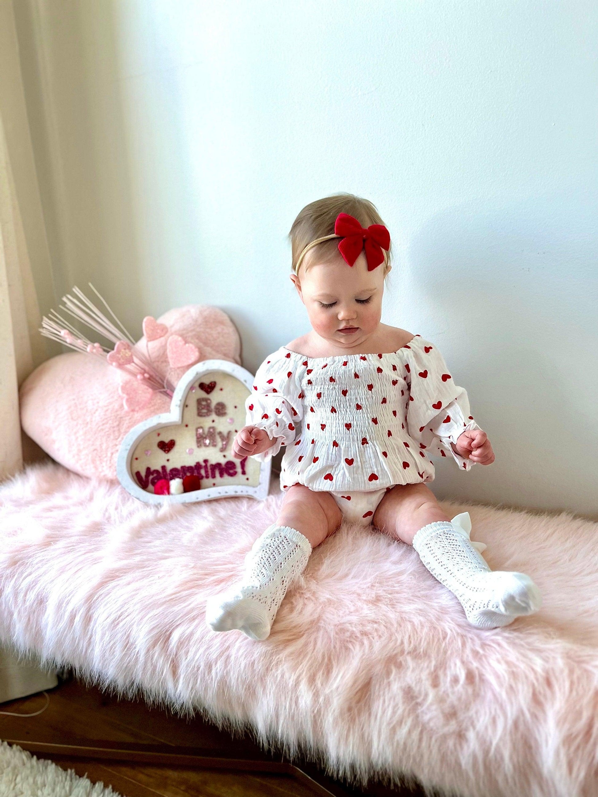 Baby Girl Valentines Day Outfit | Muslin Cotton Baby Girl Romper | Red Heart Baby Girl Romper and Headband | Baby Girl Bodysuit